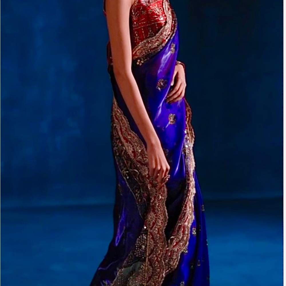 Crimson and Aubergine Organza Saree with Zari Embroidery